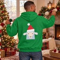 Thumbnail for Santa Sheep Christmas Back Print Hoodie in Irish Green, worn in a Christmas home setting with the Santa sheep back print visible.