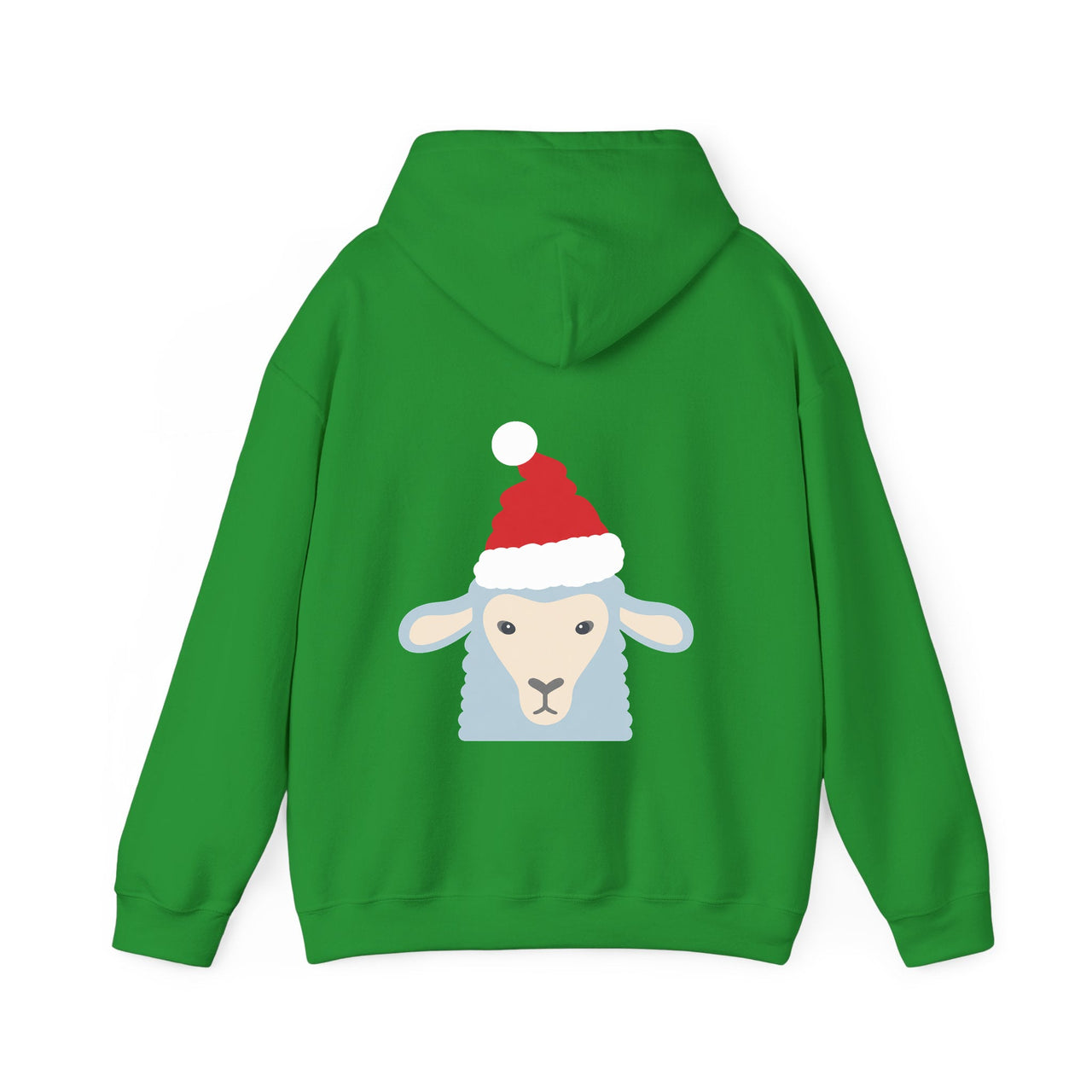 Santa sheep Christmas back print hoodie in Irish Green, back view with the Santa animal illustration.