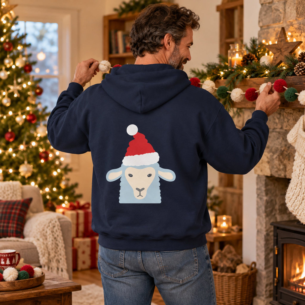 Santa Sheep Christmas Back Print Hoodie in Navy, worn in a Christmas home setting with the Santa sheep back print visible.