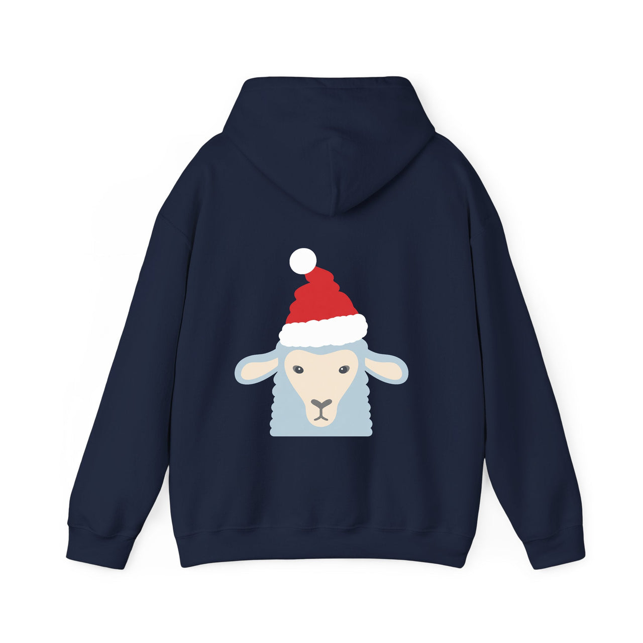 Santa sheep Christmas back print hoodie in Navy, back view with the Santa animal illustration.