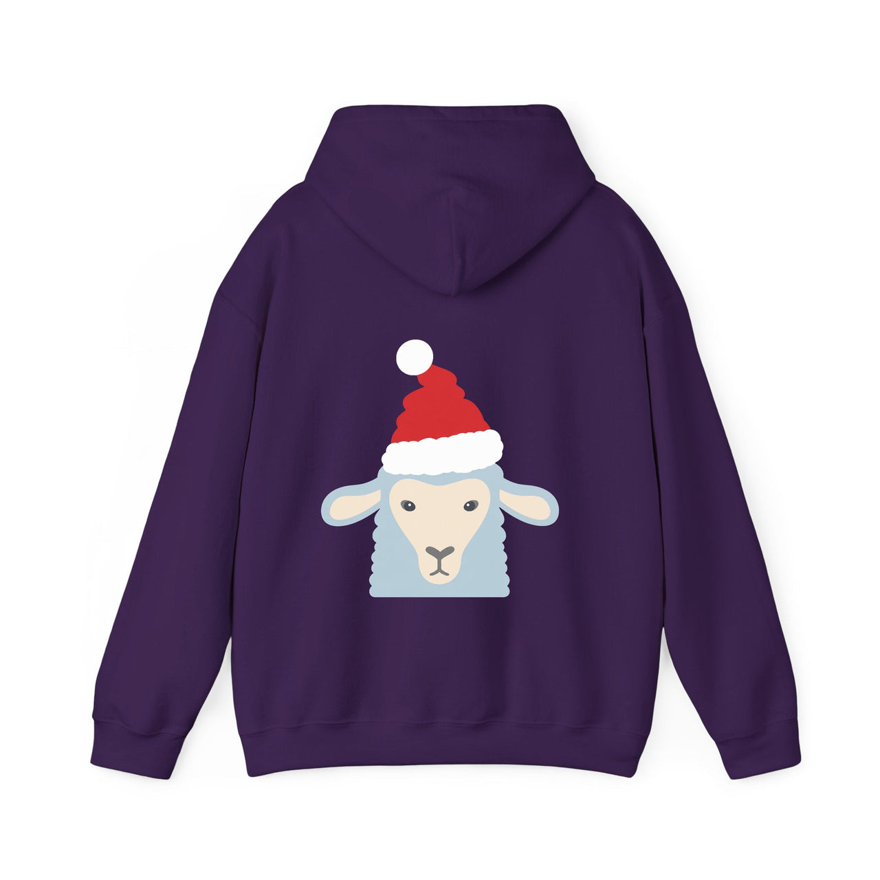 Santa sheep Christmas back print hoodie in Purple, back view with the Santa animal illustration.