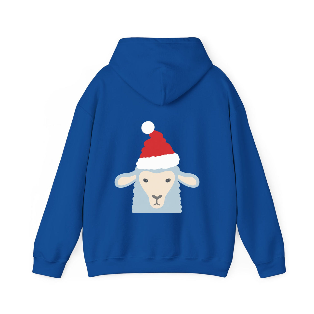 Santa sheep Christmas back print hoodie in Royal, back view with the Santa animal illustration.