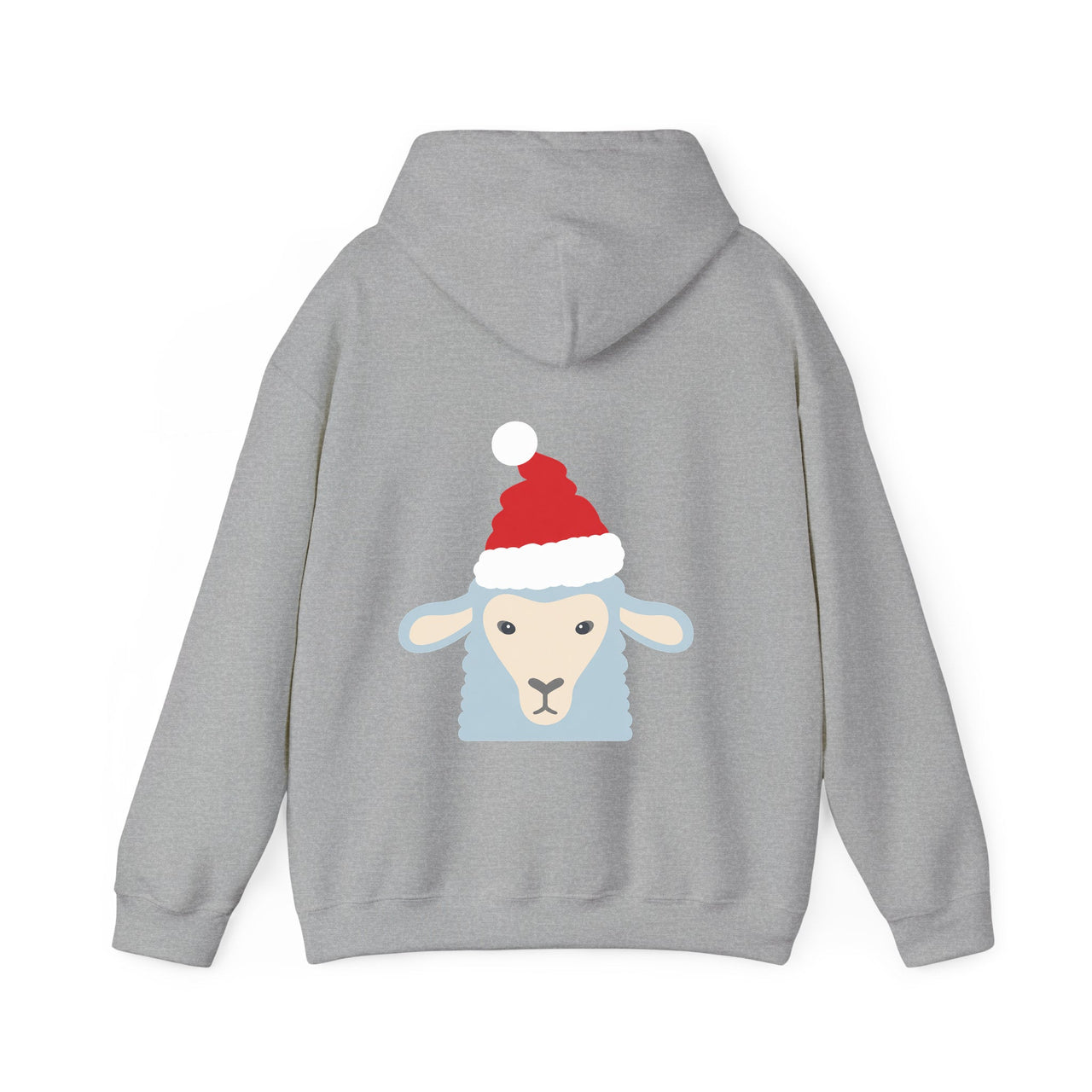 Santa sheep Christmas back print hoodie in Sport Grey, back view with the Santa animal illustration.