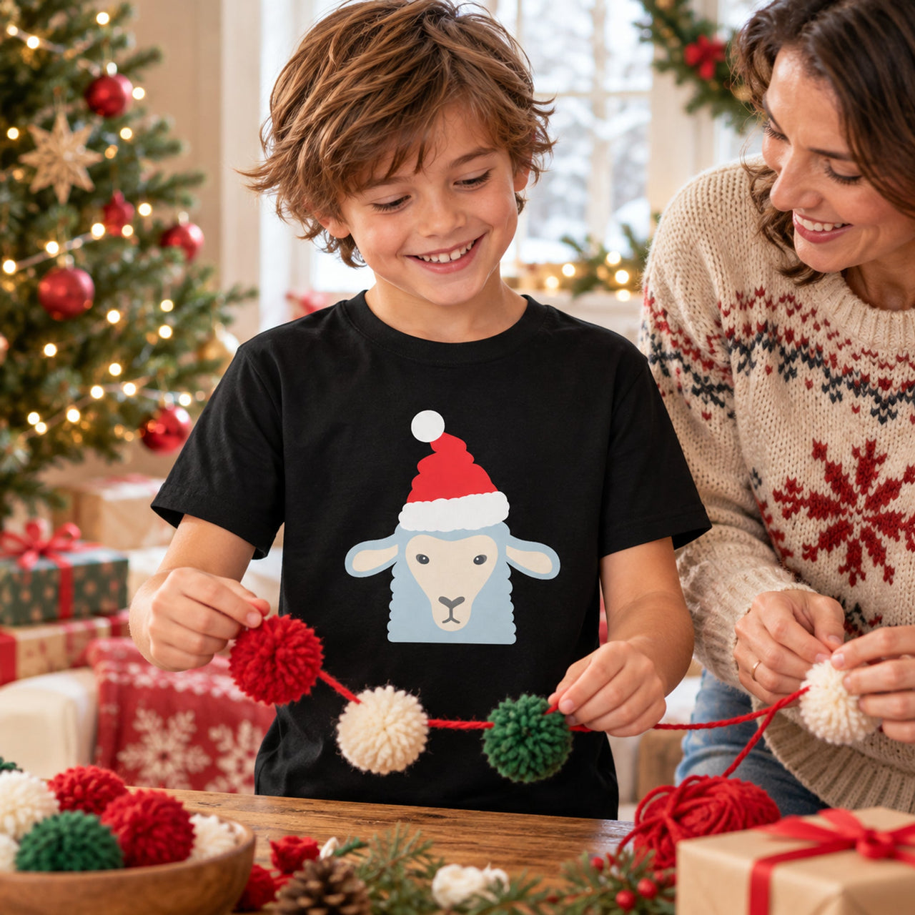 Santa Sheep Christmas Kids T-Shirt in Black, worn in a Christmas home setting with the Santa sheep front print visible.