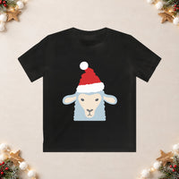Thumbnail for Santa sheep Christmas kids t shirt in Black, front view with the Santa animal illustration on a Christmas flat-lay background.