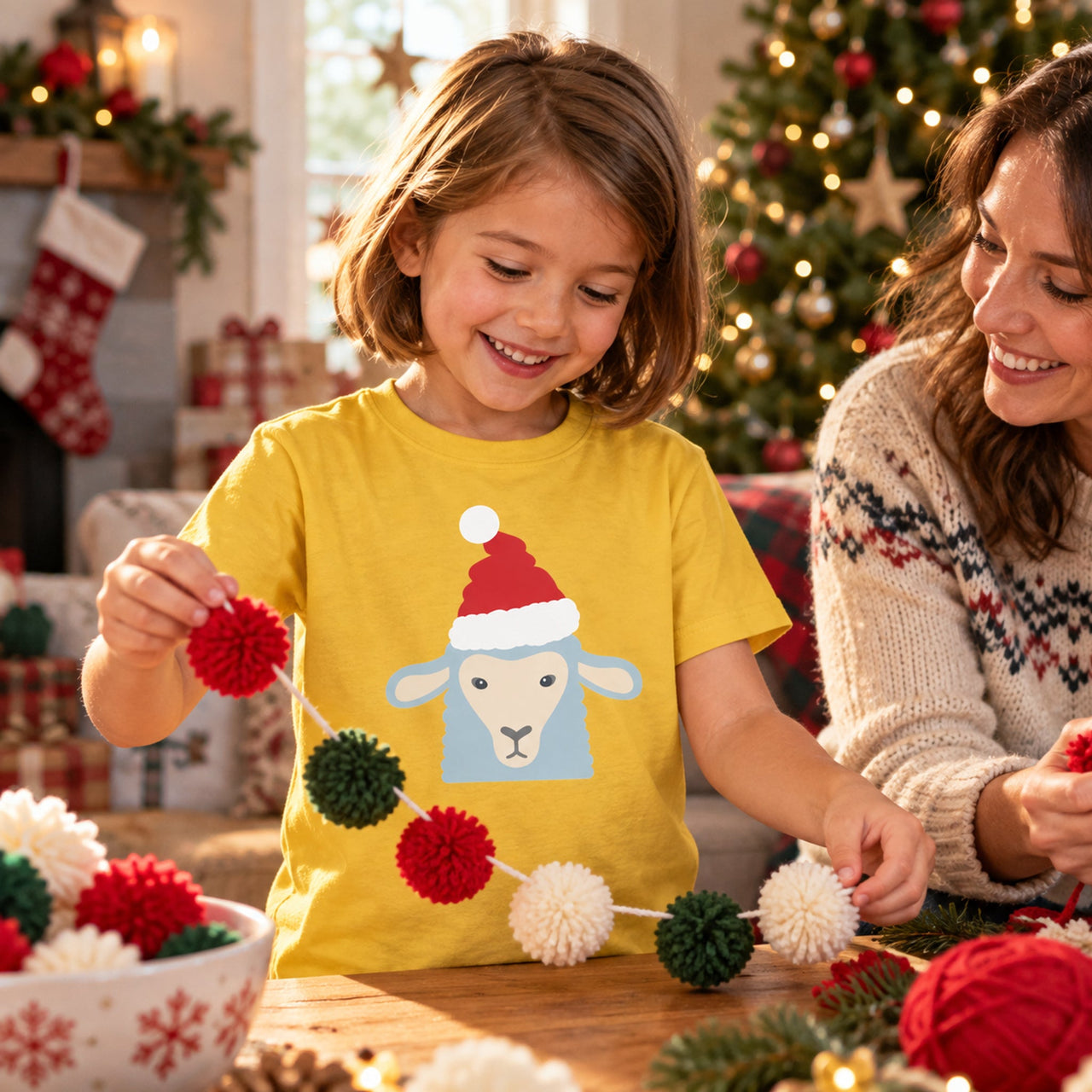 Santa Sheep Christmas Kids T-Shirt in Daisy, worn in a Christmas home setting with the Santa sheep front print visible.