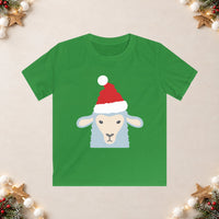 Thumbnail for Santa sheep Christmas kids t shirt in Irish Green, front view with the Santa animal illustration on a Christmas flat-lay background.