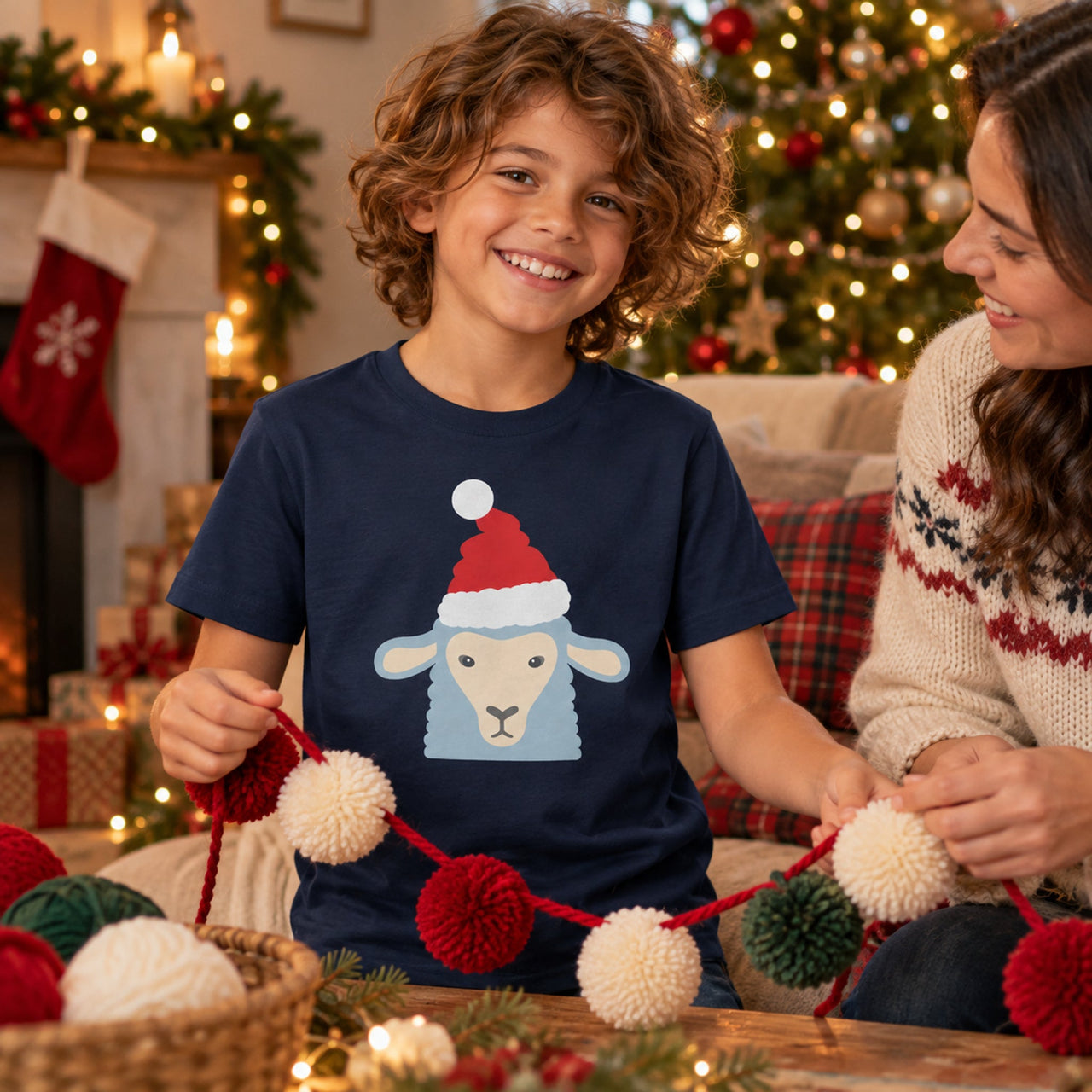 Santa Sheep Christmas Kids T-Shirt in Navy, worn in a Christmas home setting with the Santa sheep front print visible.