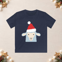 Thumbnail for Santa sheep Christmas kids t shirt in Navy, front view with the Santa animal illustration on a Christmas flat-lay background.