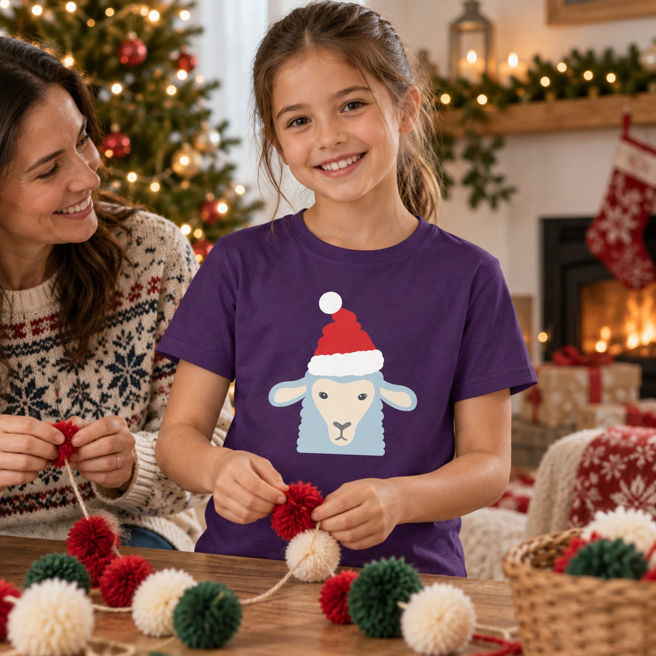 Santa Sheep Christmas Kids T-Shirt in Purple, worn in a Christmas home setting with the Santa sheep front print visible.