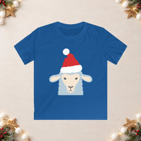 Thumbnail for Santa sheep Christmas kids t shirt in Royal, front view with the Santa animal illustration on a Christmas flat-lay background.