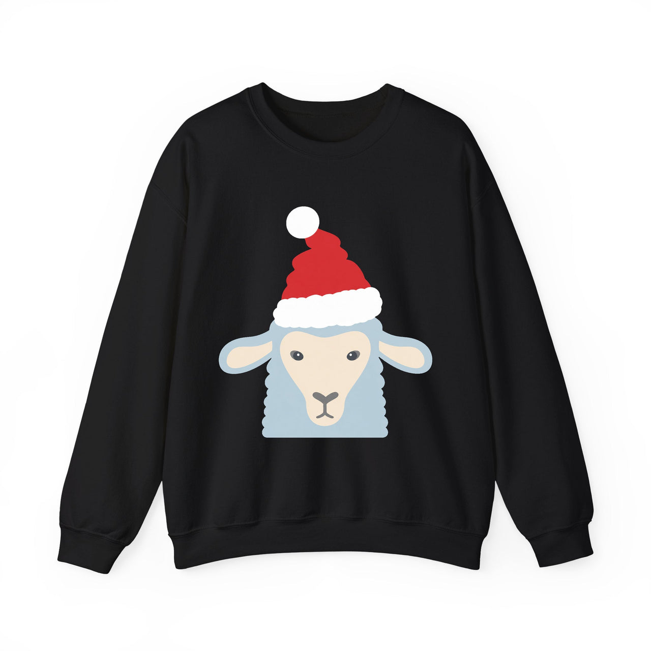 Santa sheep Christmas sweatshirt in Black, front view with the Santa animal illustration.