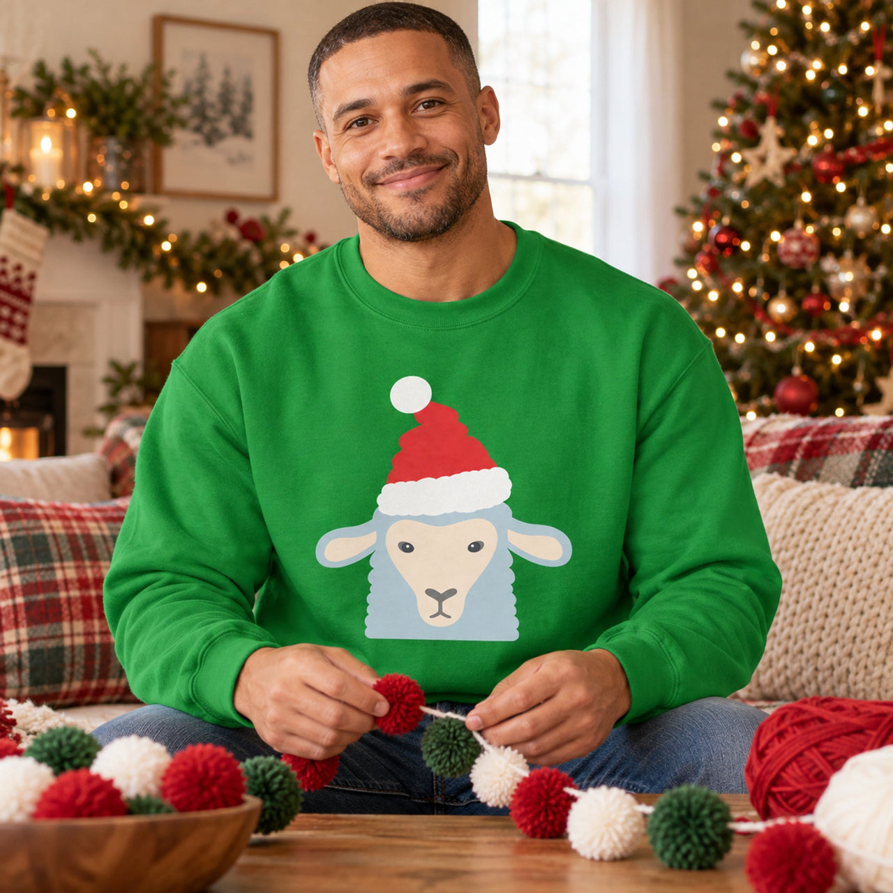Santa Sheep Christmas Sweatshirt in Irish Green, worn in a Christmas home setting with the Santa sheep front print visible.