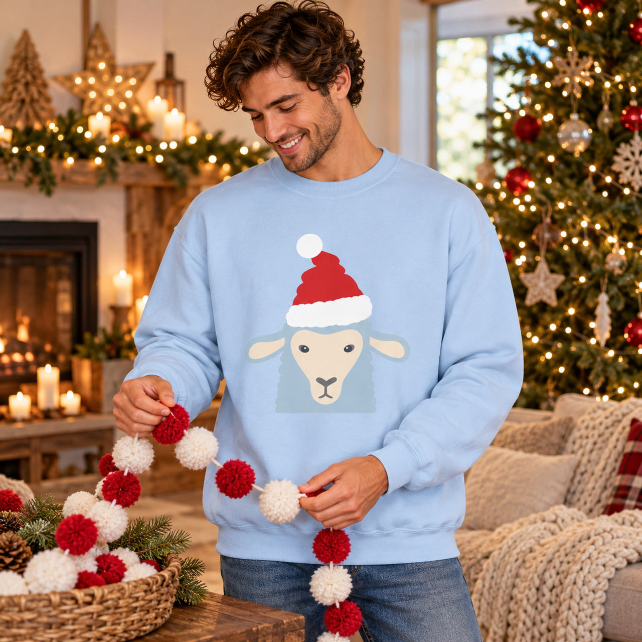 Santa Sheep Christmas Sweatshirt in Light Blue, worn in a Christmas home setting with the Santa sheep front print visible.