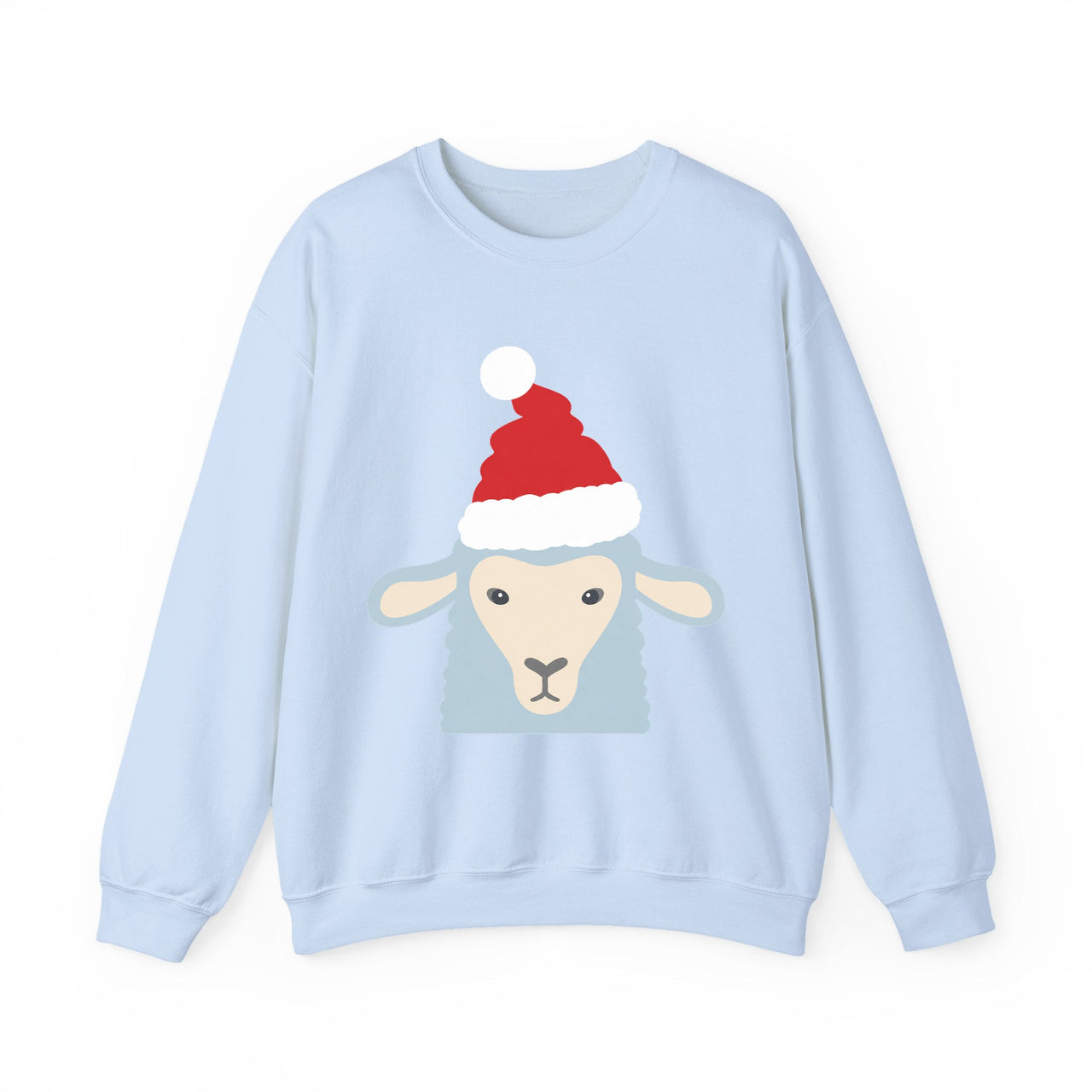 Santa sheep Christmas sweatshirt in Light Blue, front view with the Santa animal illustration.