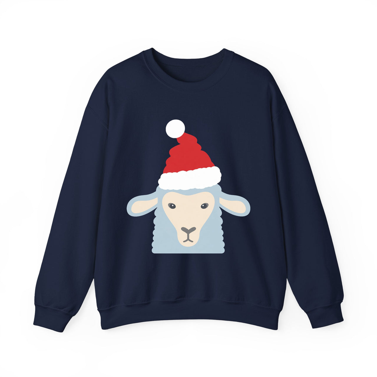 Santa sheep Christmas sweatshirt in Navy, front view with the Santa animal illustration.