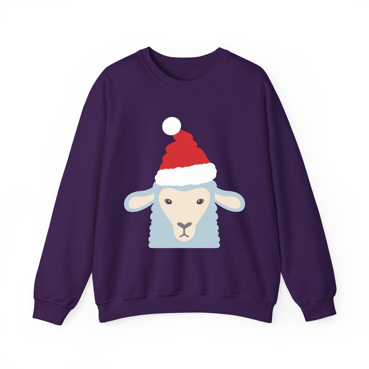 Santa sheep Christmas sweatshirt in Purple, front view with the Santa animal illustration.