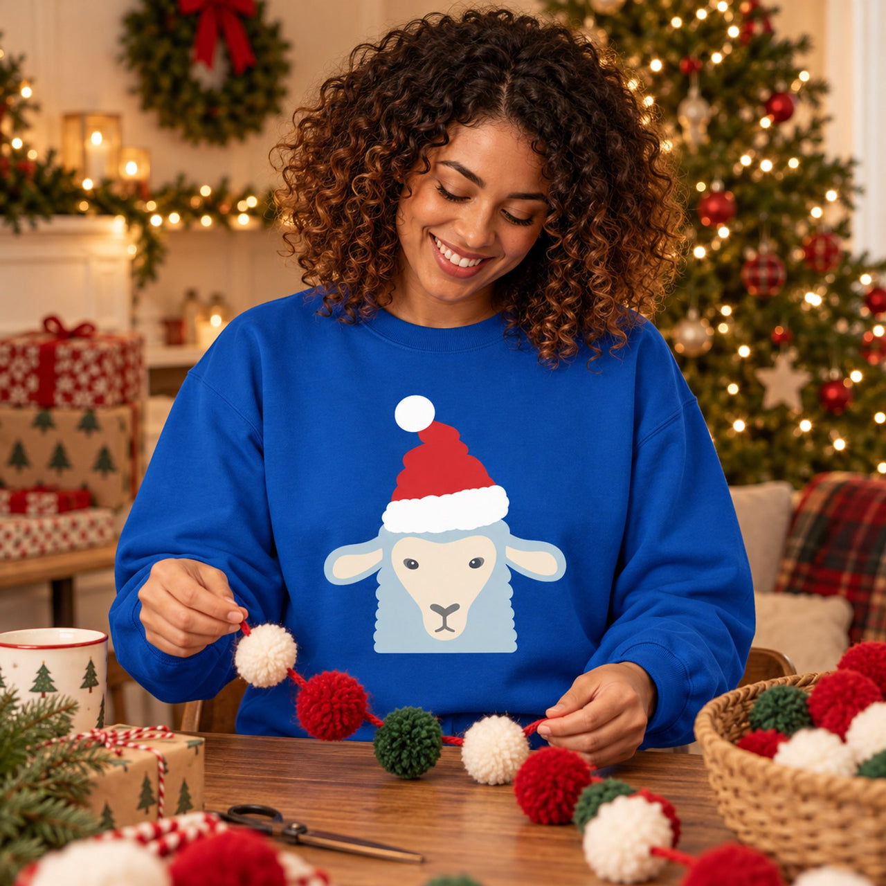 Santa Sheep Christmas Sweatshirt in Royal, worn in a Christmas home setting with the Santa sheep front print visible.