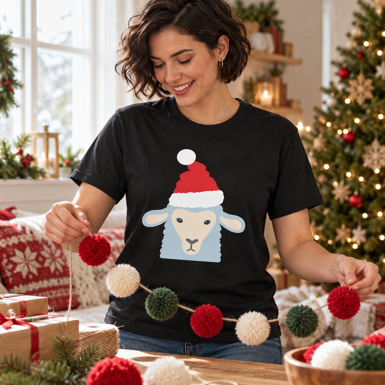 Santa Sheep Christmas Unisex T-Shirt in Black, worn in a Christmas home setting with the Santa sheep front print visible.