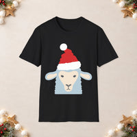 Thumbnail for Santa sheep Christmas unisex t shirt in Black, front view with the Santa animal illustration on a Christmas flat-lay background.