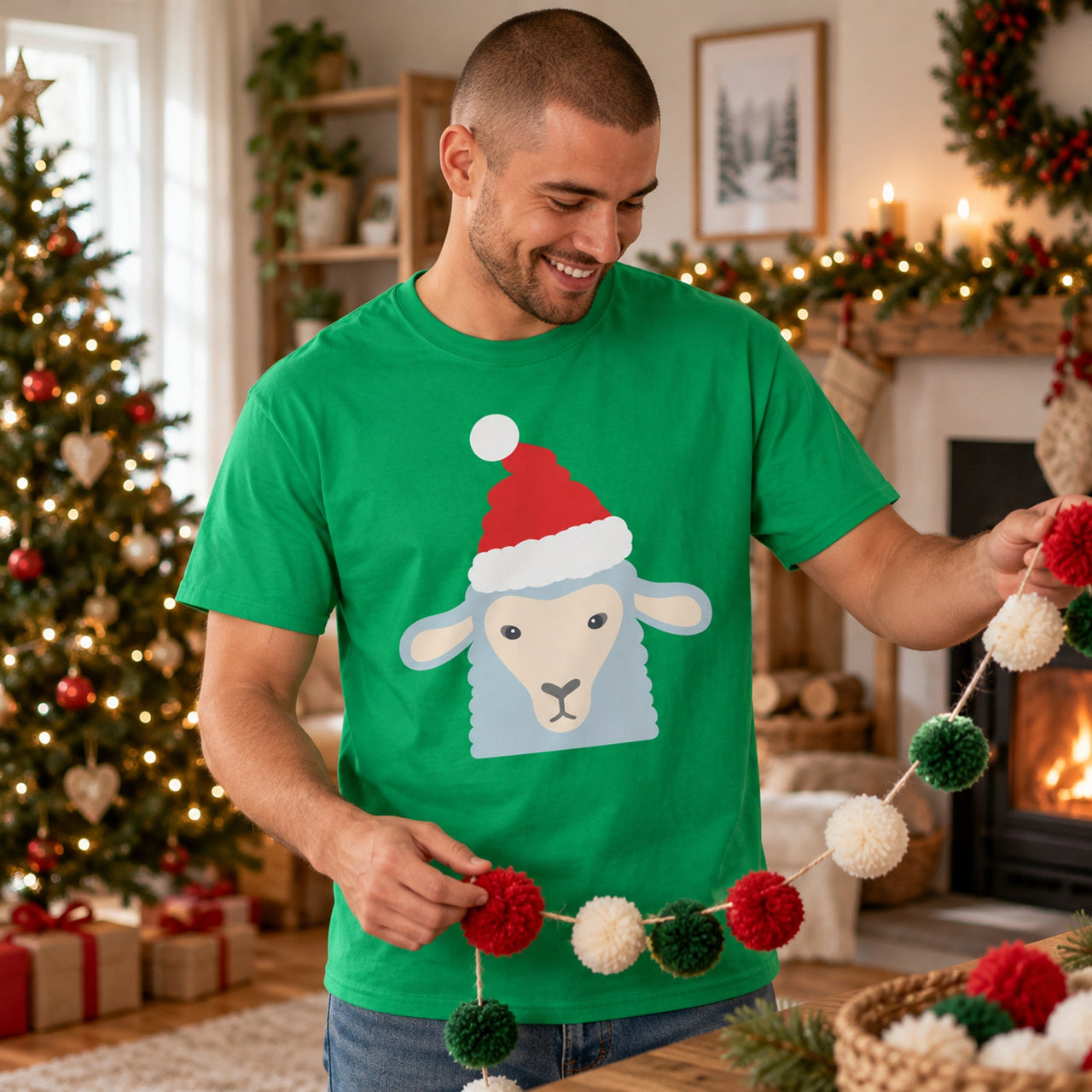 Santa Sheep Christmas Unisex T-Shirt in Irish Green, worn in a Christmas home setting with the Santa sheep front print visible.