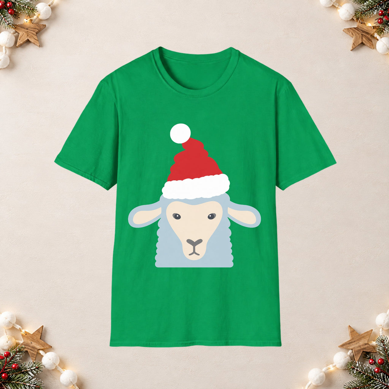 Santa sheep Christmas unisex t shirt in Irish Green, front view with the Santa animal illustration on a Christmas flat-lay background.