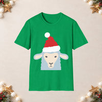 Thumbnail for Santa sheep Christmas unisex t shirt in Irish Green, front view with the Santa animal illustration on a Christmas flat-lay background.