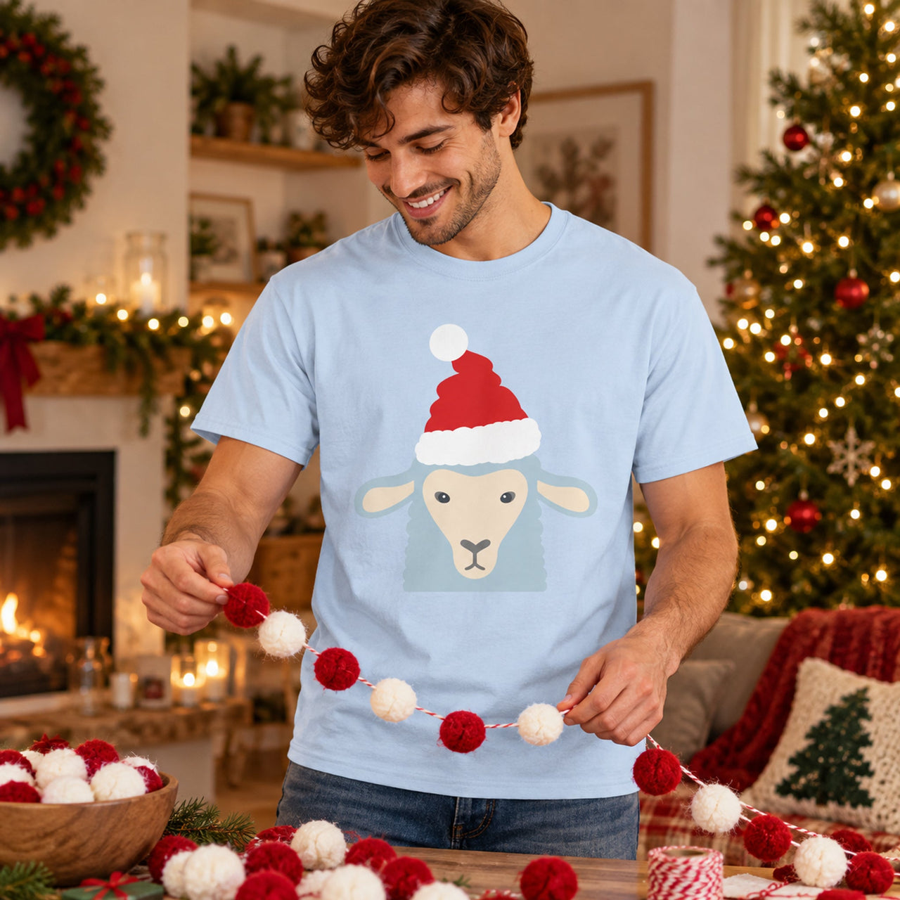 Santa Sheep Christmas Unisex T-Shirt in Light Blue, worn in a Christmas home setting with the Santa sheep front print visible.