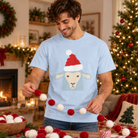 Thumbnail for Santa Sheep Christmas Unisex T-Shirt in Light Blue, worn in a Christmas home setting with the Santa sheep front print visible.