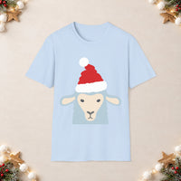 Thumbnail for Santa sheep Christmas unisex t shirt in Light Blue, front view with the Santa animal illustration on a Christmas flat-lay background.