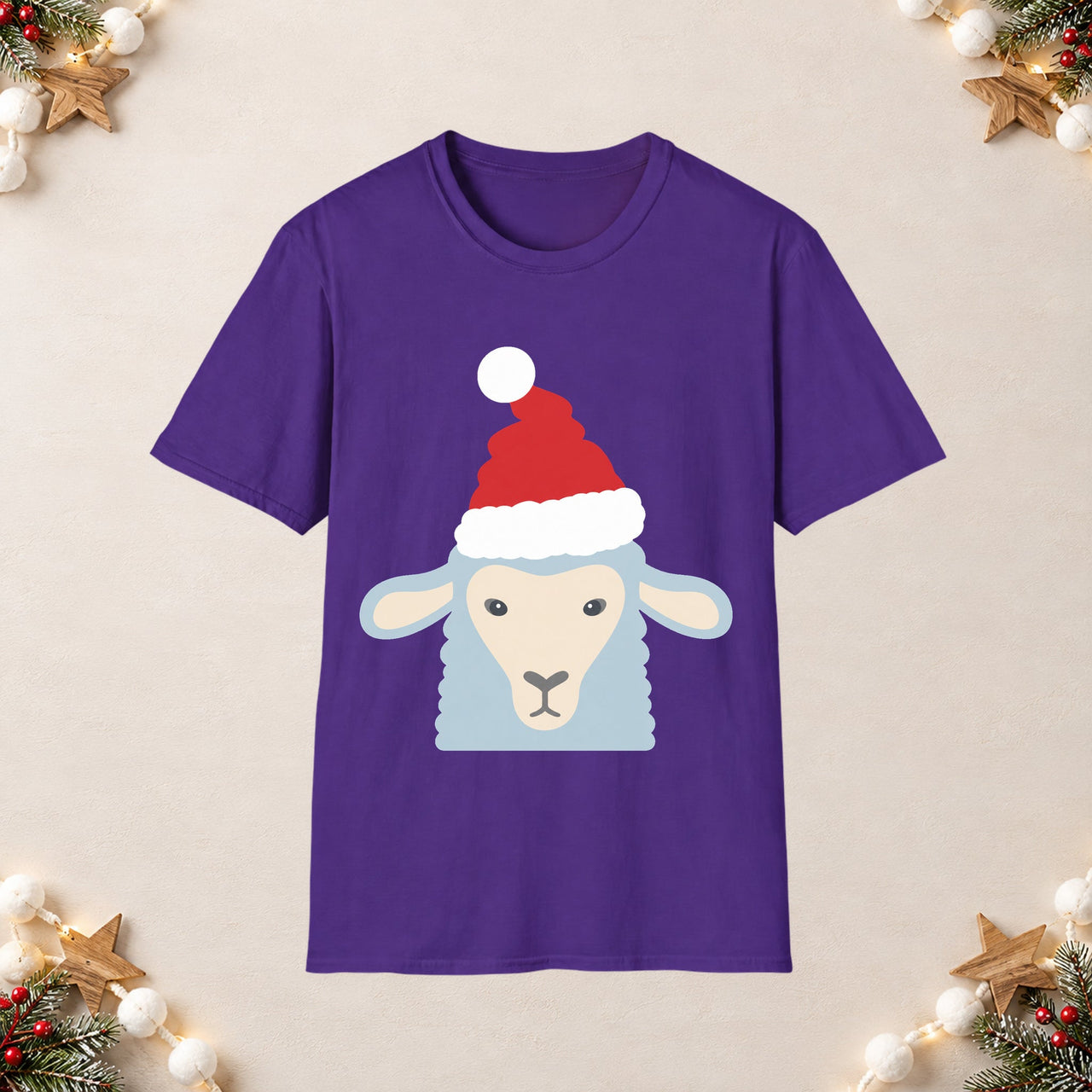 Santa sheep Christmas unisex t shirt in Purple, front view with the Santa animal illustration on a Christmas flat-lay background.