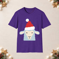Thumbnail for Santa sheep Christmas unisex t shirt in Purple, front view with the Santa animal illustration on a Christmas flat-lay background.