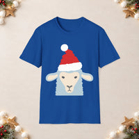 Thumbnail for Santa sheep Christmas unisex t shirt in Royal, front view with the Santa animal illustration on a Christmas flat-lay background.