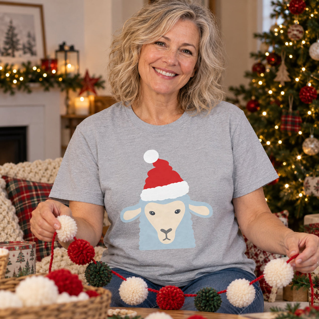 Santa Sheep Christmas Unisex T-Shirt in Sport Grey, worn in a Christmas home setting with the Santa sheep front print visible.