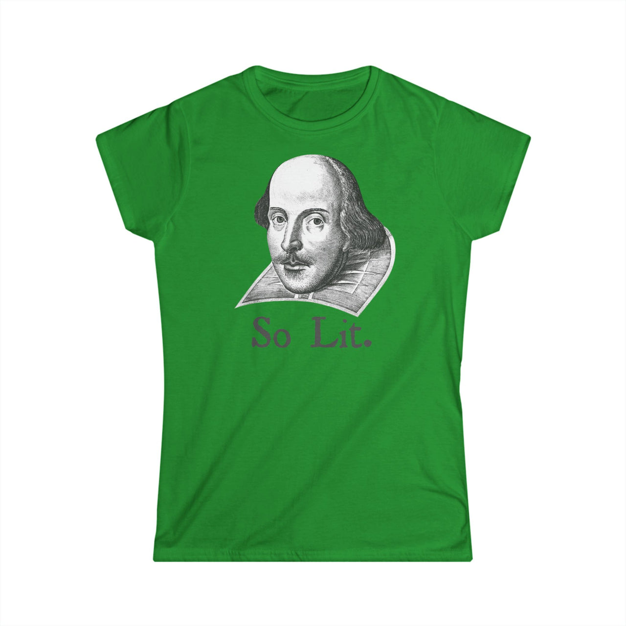 A bright green short-sleeve t-shirt featuring a black-and-white portrait of William Shakespeare with the text 'So Lit.' printed below in a muted purple tone, shown against a plain white background.