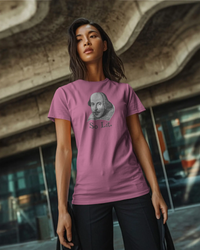 Thumbnail for Shakespeare So Lit women’s fitted t-shirt in Azalea, worn by a model in an urban setting