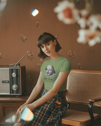 Thumbnail for Shakespeare So Lit women’s fitted t-shirt in Pistachio, styled in a vintage room beside a radio