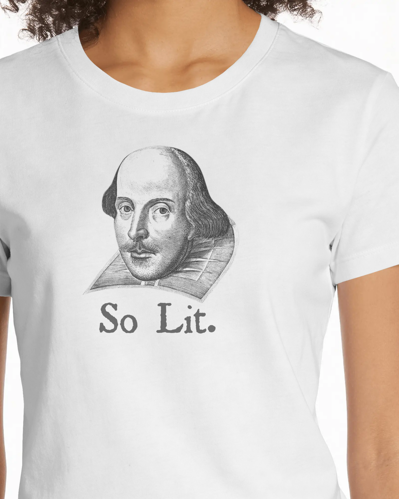 Close-up of the Shakespeare So Lit women’s fitted t-shirt in White, showing the printed design
