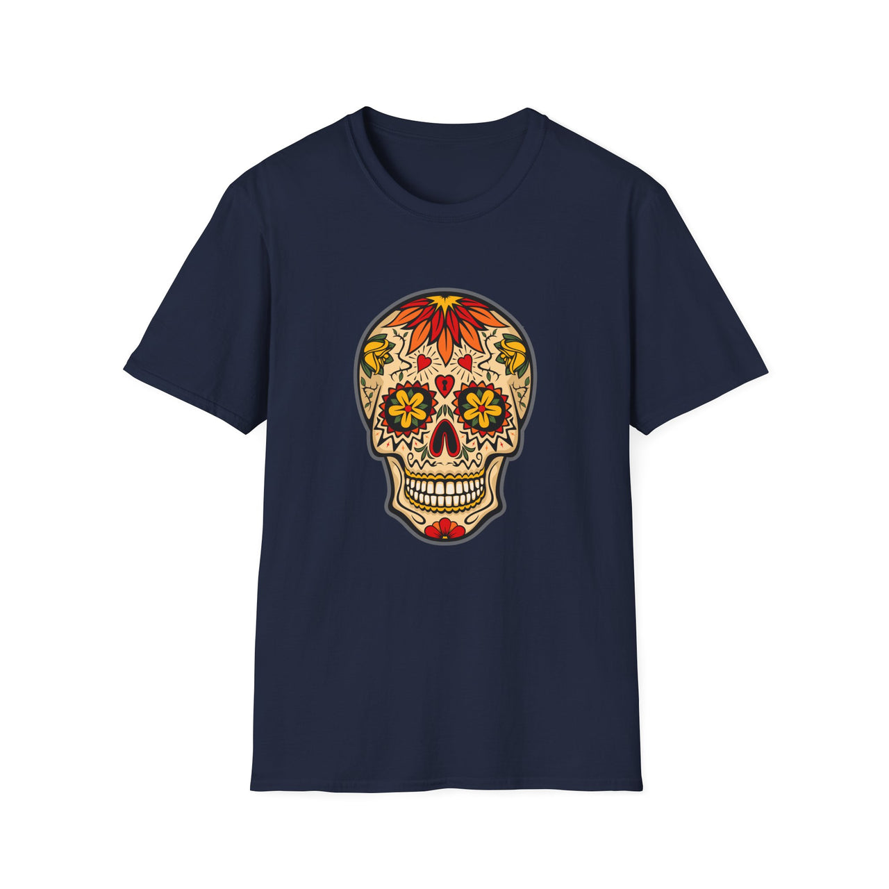 Skull Tattoo Design adult unisex T-shirt in navy flat mockup