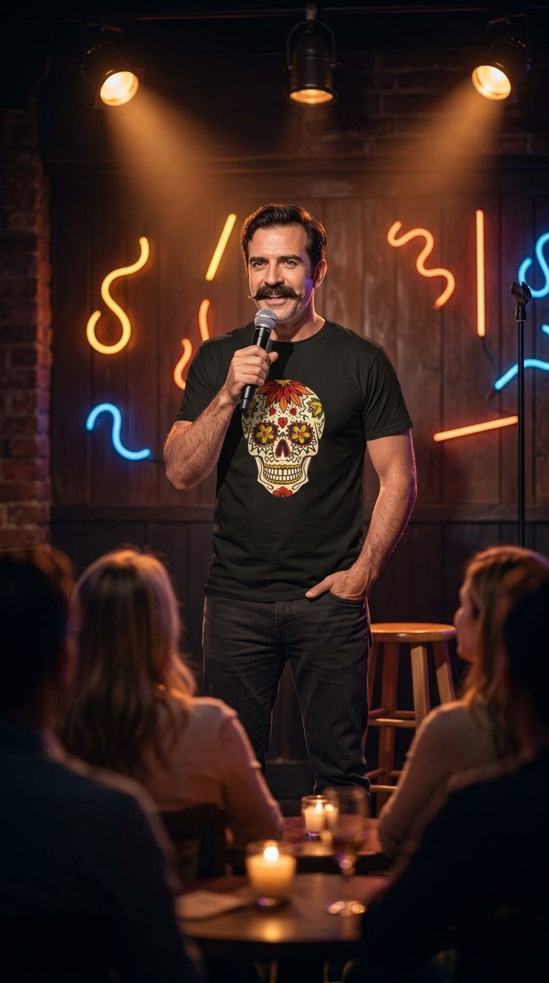 Juan Moore Joke wearing the Skull Tattoo Design T-shirt in black at the 8Ball Comedy Club