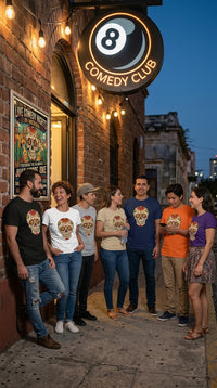 Thumbnail for Juan Moore Joke 8Ball Comedy Club Skull Tattoo Design T-shirt colour line-up