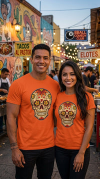 Thumbnail for Juan Moore Joke comedy campaign model wearing the Skull Tattoo Design T-shirt in orange