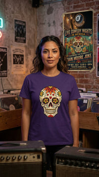 Thumbnail for Juan Moore Joke comedy campaign model wearing the Skull Tattoo Design T-shirt in purple