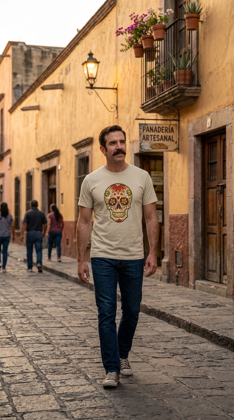 Juan Moore Joke comedy campaign model wearing the Skull Tattoo Design T-shirt in sand