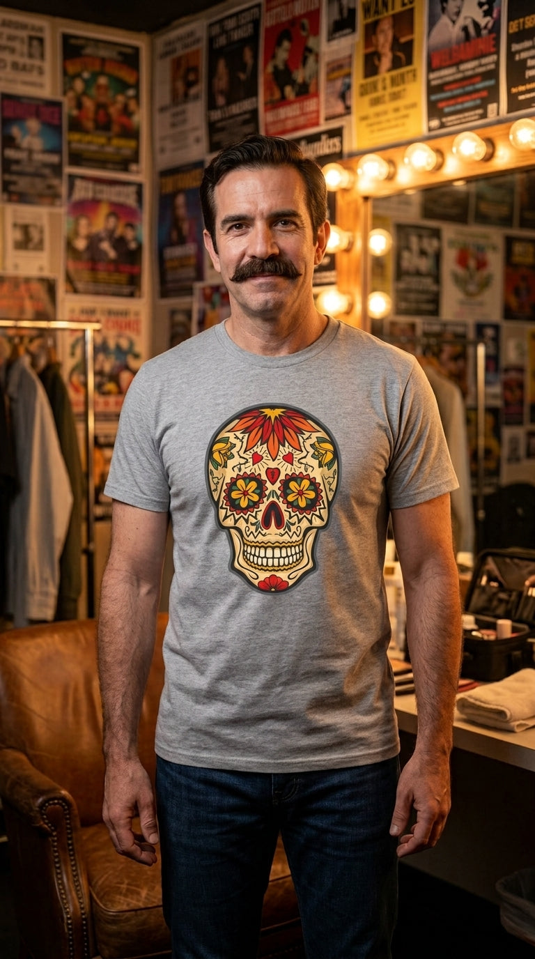 Juan Moore Joke wearing the Skull Tattoo Design T-shirt in sport grey