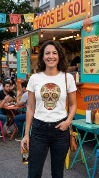 Thumbnail for Juan Moore Joke comedy campaign model wearing the Skull Tattoo Design T-shirt in white