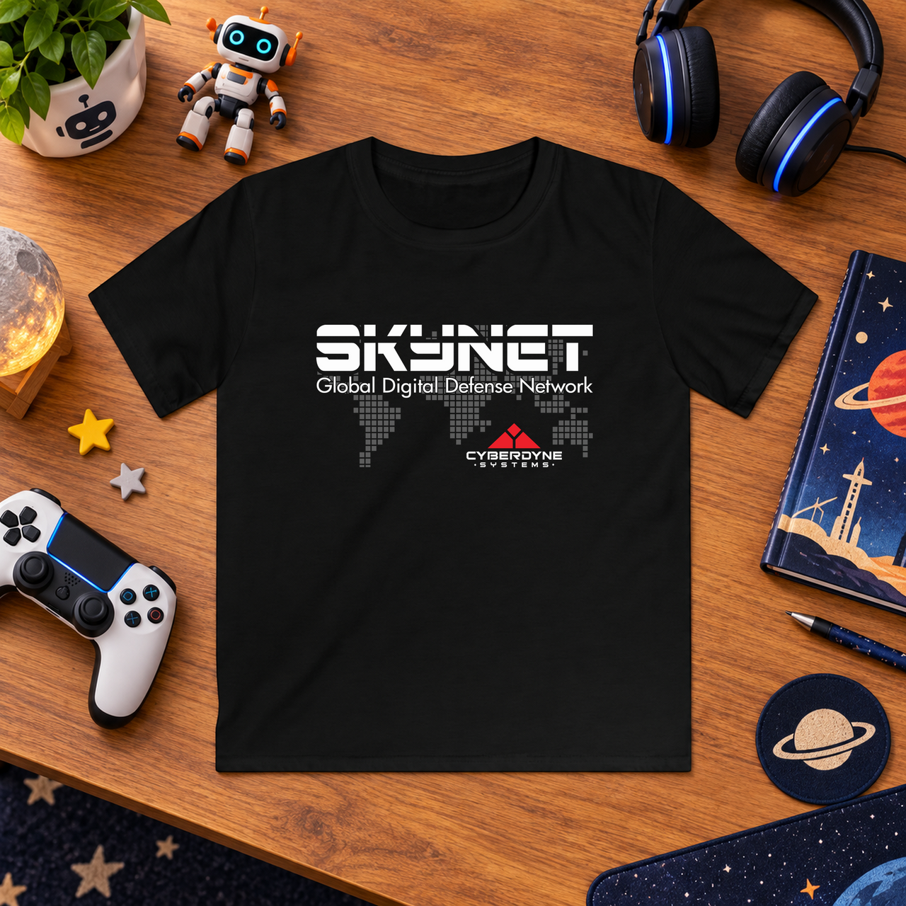 Skynet children's t-shirt black flat mockup