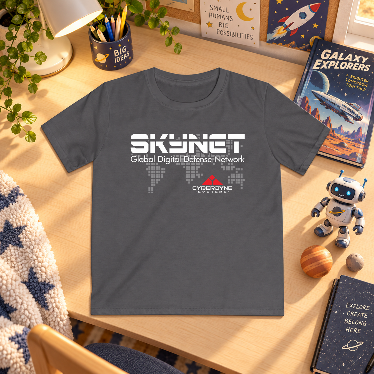 Skynet children's t-shirt charcoal flat mockup
