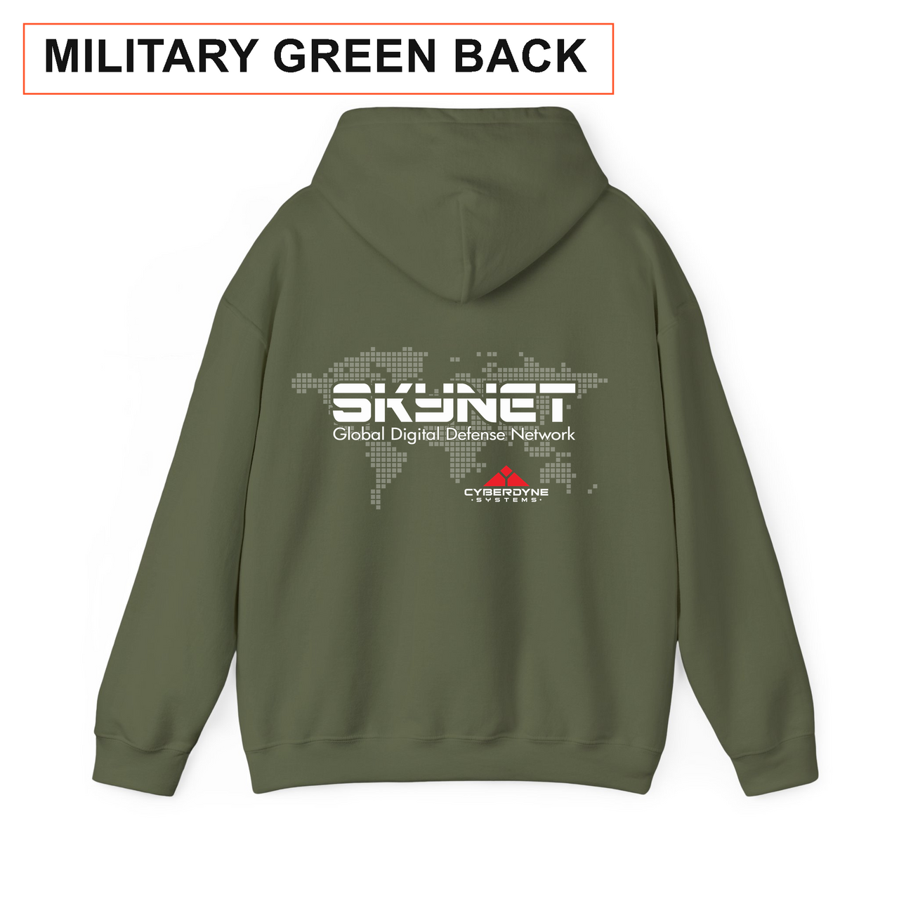 Skynet hoodie in military green with back print label
