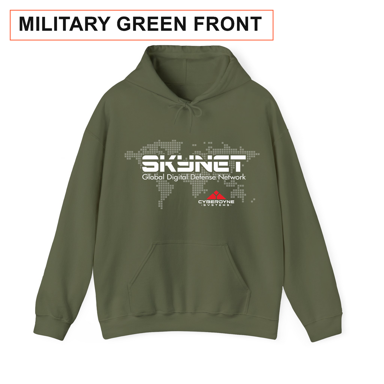 Skynet hoodie in military green with front print label